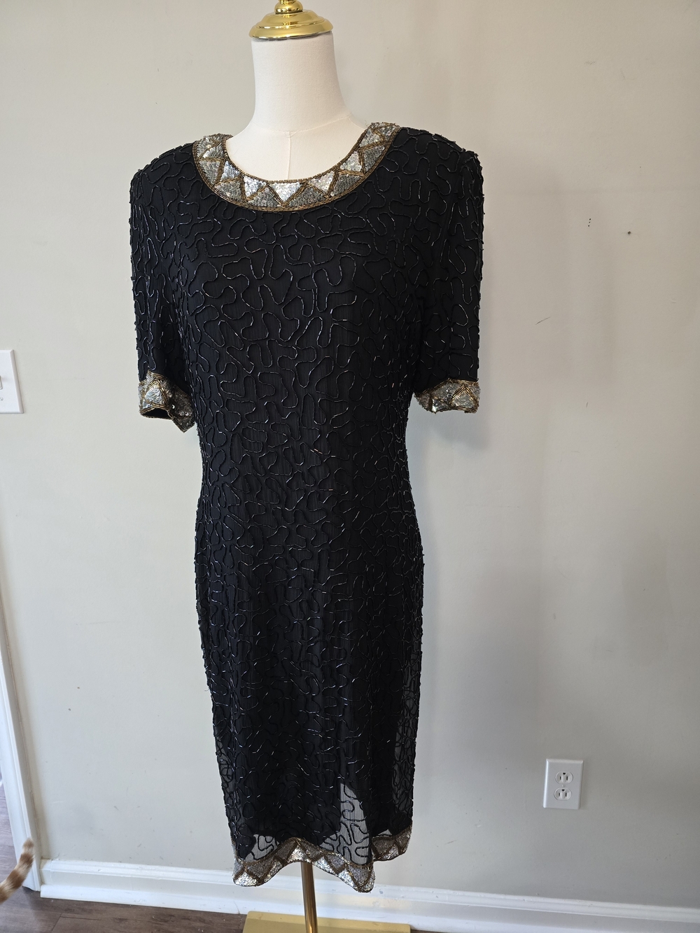 Elegant Vintage 100% Silk Beaded Black Midi Dress with Gold And Silver Accents